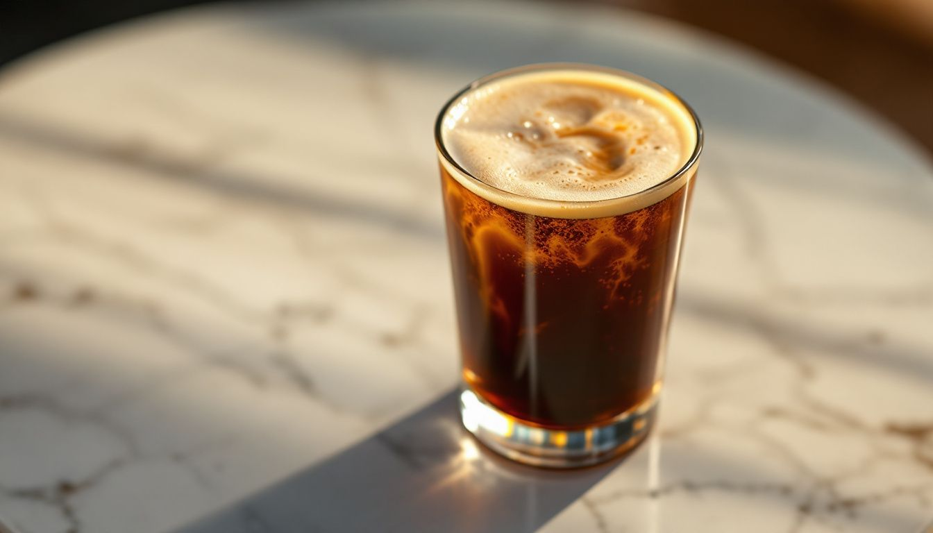 A close-up of a glass of nitro cold brew coffee with a creamy texture and a frothy top.